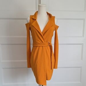 Boohoo Mustard Long Sleeve Belted Dress
